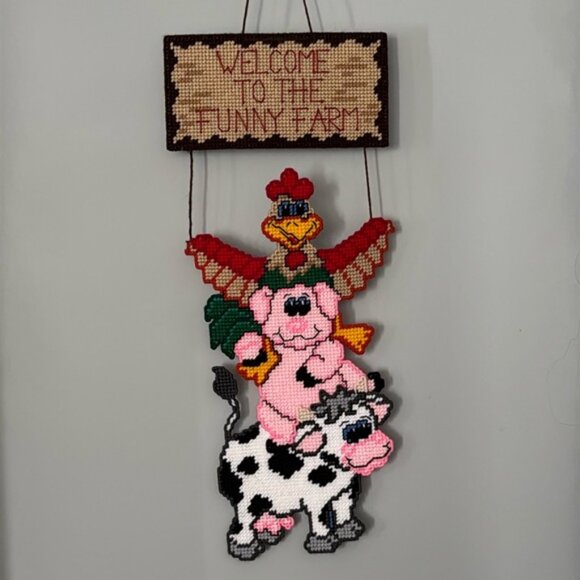 Needlepoint Welcome Sign Welcome To The Funny Farm Chicken Cow Pig - Picture 1 of 7